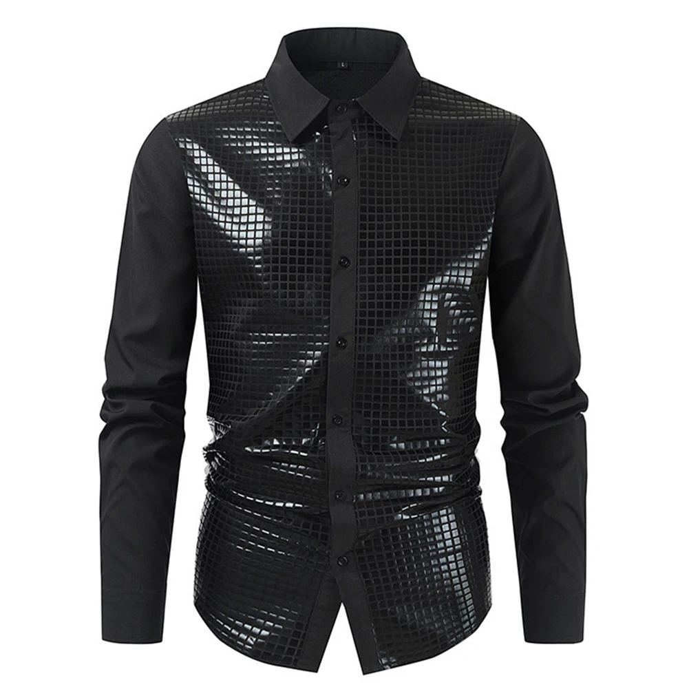 Mens Sequin Shirts Shiny Button Shirt Long Sleeve Nightclub Latin Dance T-Shirt Costume Chemise Homme Stage Performance Tee Male