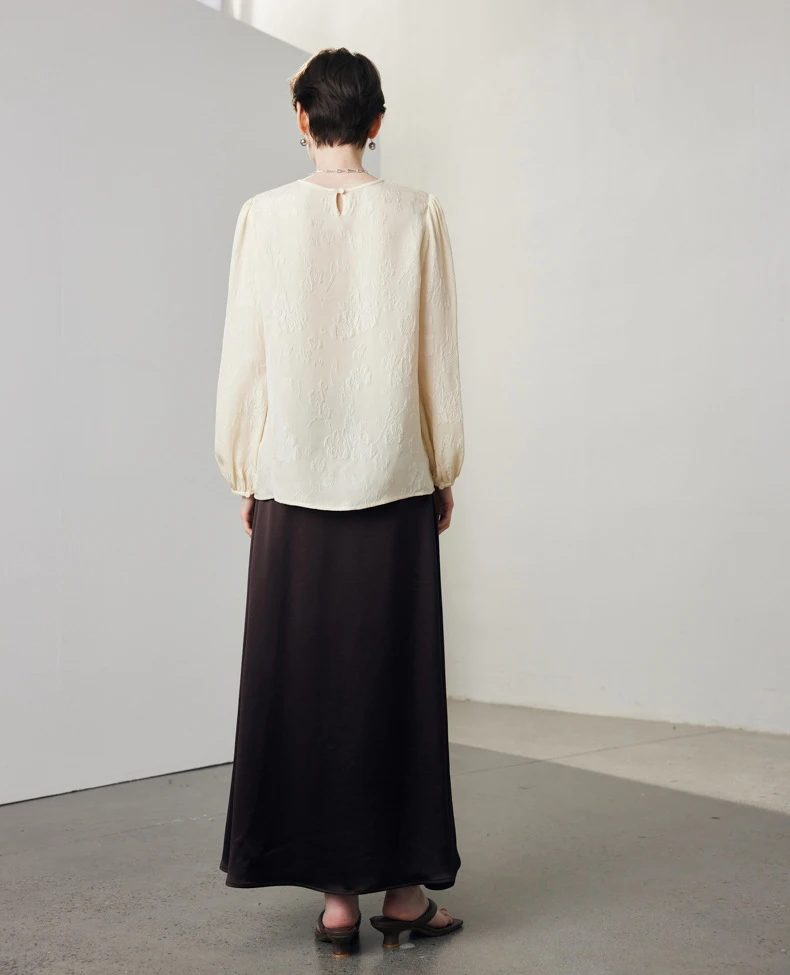 Women's Silk Dress O Neck Long Sleeves Dobby Elegant Fashion Pullover  Blouse Tops