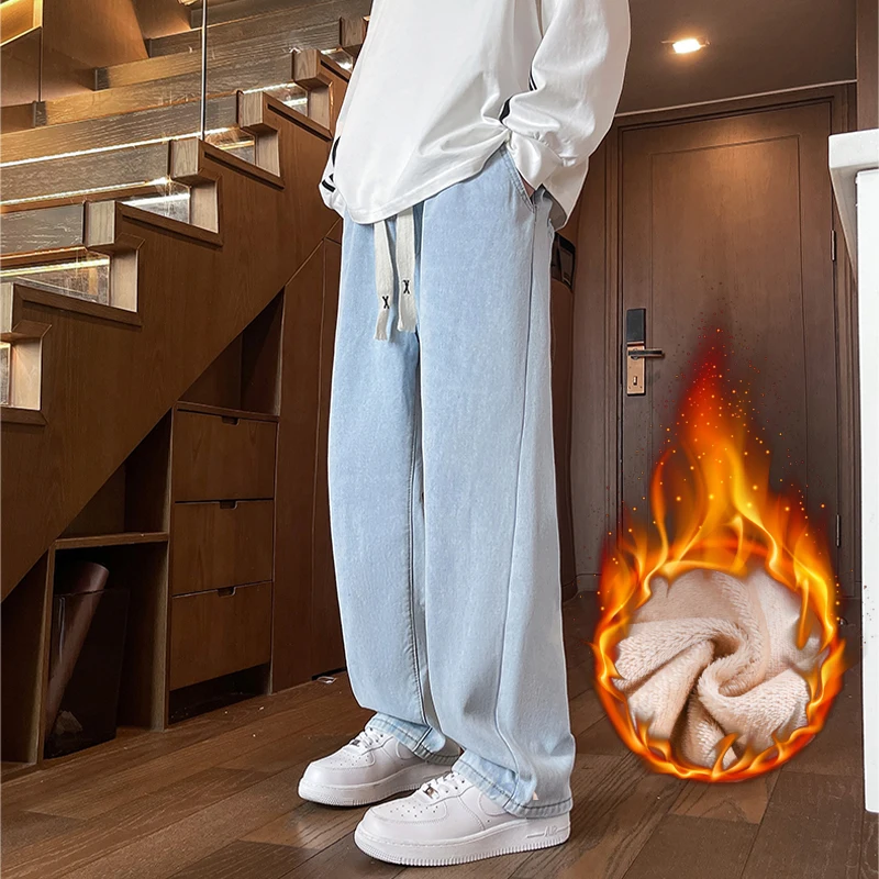

Winter New Fleece Warm Jeans Street Casual Simple Fashion Mens Clothing Loose Straight Cotton Versatile Lace Up Denim Pantalones