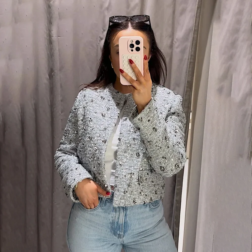 2024 Women Sequins Coat O Neck Long Sleeves Female Loose Jacket Gold Silver Wild Shiny Short Woman Cardigan Streetwear