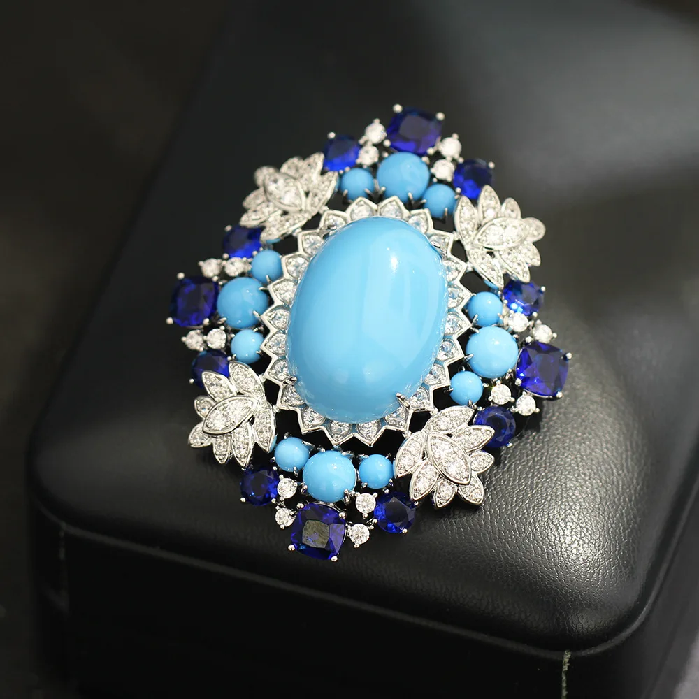 Luxury Banquet Blues Brooch Imitation Turquoise Zircon Inlaid Hollow Broche Dress Jacket Light Luxury Accessory Decorative Pin