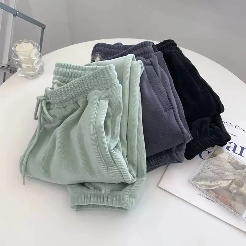 Gidyq pantaloni a gamba larga in velluto a coste invernale donne coreane a vita alta spessi caldi pantaloni sportivi Casual larghi femminili tutti