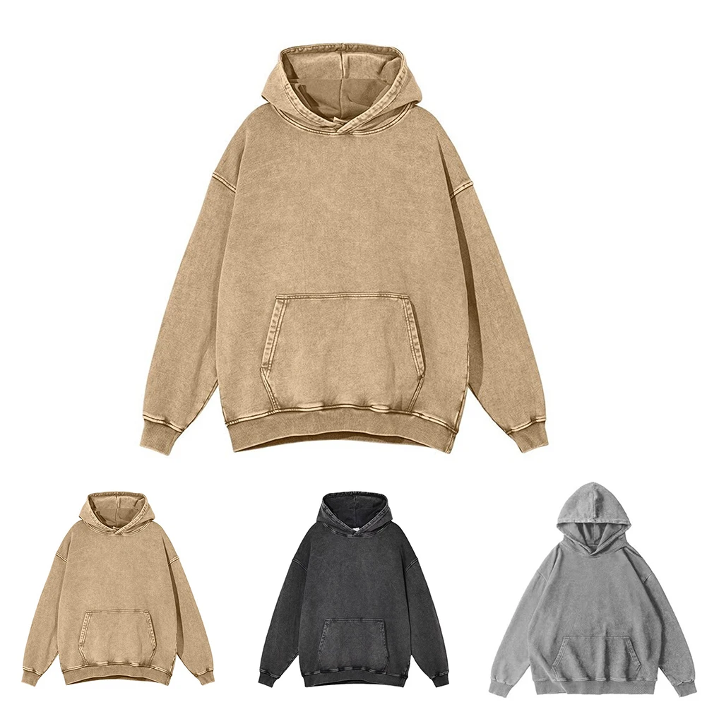 Loose Fit Sweatshirt Retro Washed Hoodie Unisex Hooded Neckline Long Sleeve Regular Length Solid Pattern Khaki