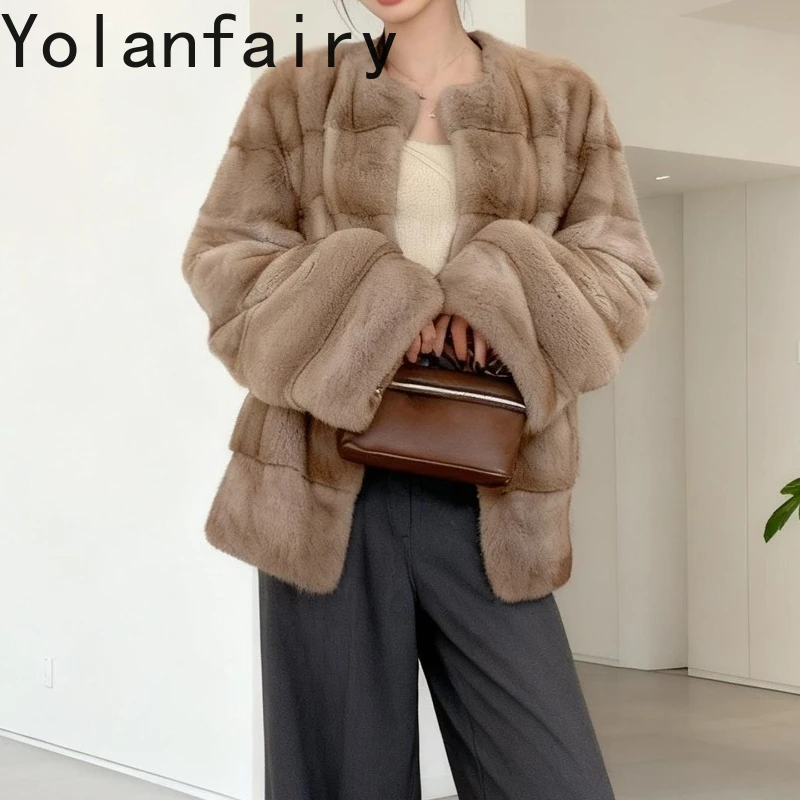 เสื้อโค้ทขนสัตว์แท้ YOLANFAIRY สำหรับผู้หญิง ขนมิงค์แท้ทั้งตัว สไตล์วินเทจ หรูหรา สำหรับฤดูหนาว รุ่นสั้น