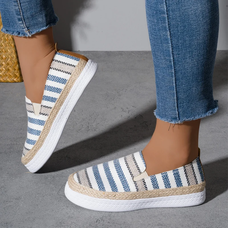 Casual Stripe Canvas Shoes Woman Thick Sole Slip-on Espadrille Sneakers Ladies Sailor Style Vacation Linen Loafers