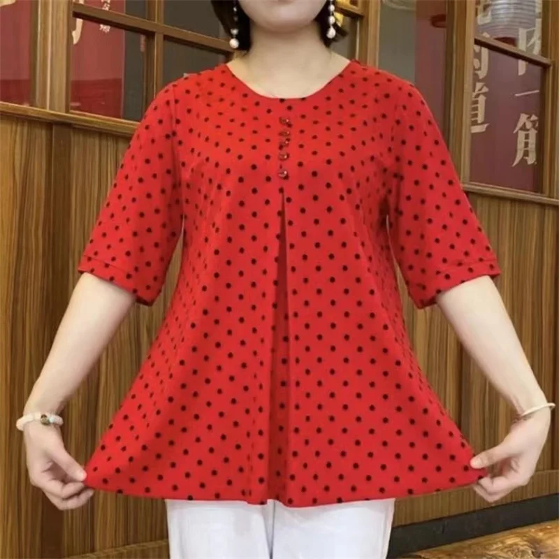 7XL Women Loose Spring Autumn Shirts Lady Fashion Casual Polka dot printing Half sleeve O-Neck Collar Button Blusas Tops