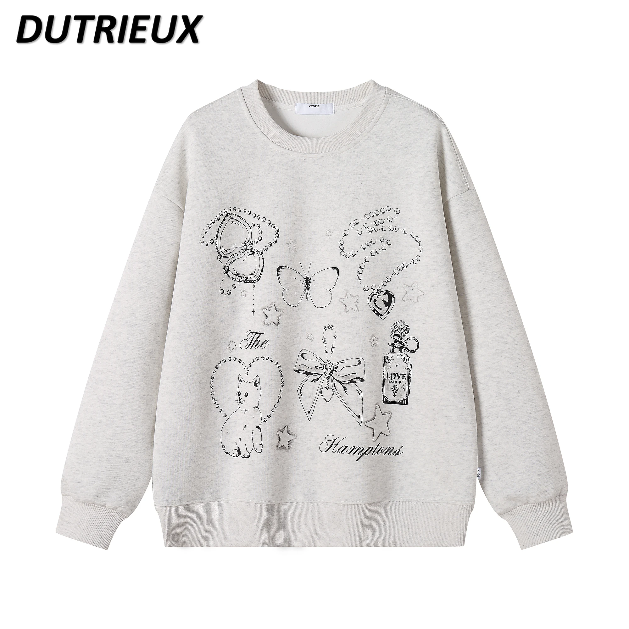 Korean Version of Cute Cartoon Bank Gray Crew Neck Sweatshirt Women's Autumn Niche Unique Chic Loose Slim Hoodies Pullover