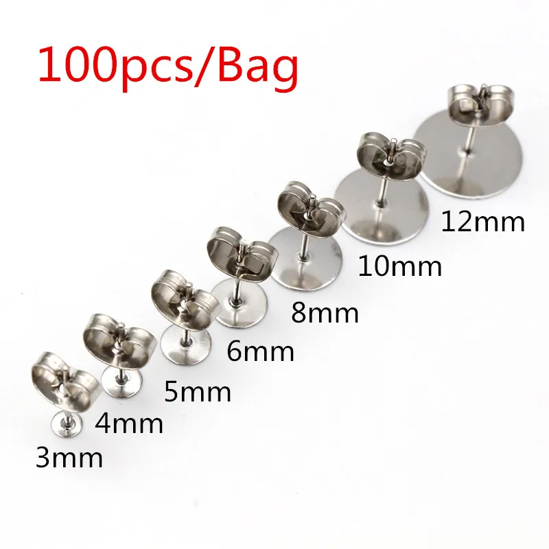 No Fade 100pcs/lot Stainless Steel Blank Earring Stud with Earring Back Plug Fit 6 8 10mm Cameo Settings DIY Jewelry Findings