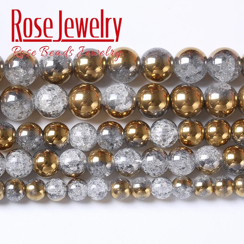 

Natural Stone Gold Color White Snow Cracked Crystal Quartz Beads Round Loose Beads For Jewelry Making Diy Bracelet 6 8 10 12mm