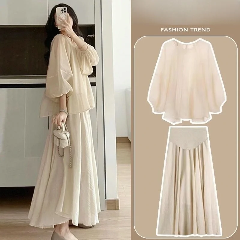 

Maternity Dress Set Summer New Thin Fashion Trend Mom Loose Chiffon Top And Half Skirt Transparent Two-Piece Women's Fashion