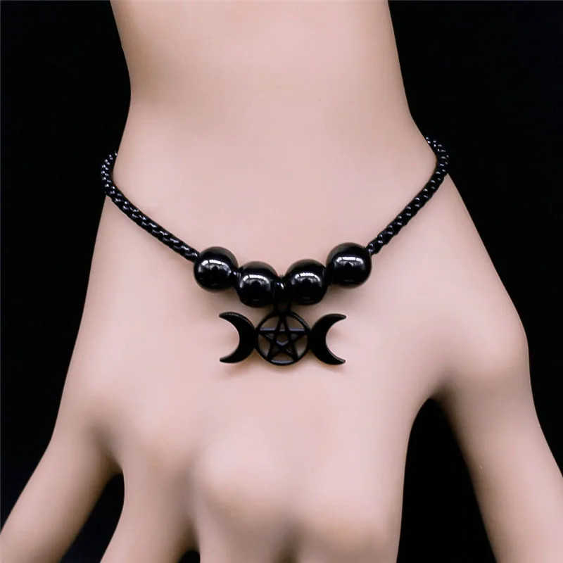 Witchcraft bracciale a catena in acciaio inossidabile donna colore nero pentagramma luna bracciale con perline gioielli pulseras mujer moda B3515S03