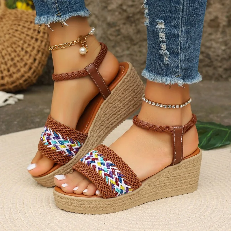 Hot Sale Women's Wedge Sandals 2024 Summer One Word Sandal Incre Height Platform Shoes Fashion Rattan Woven Lady Shoes Sandalias