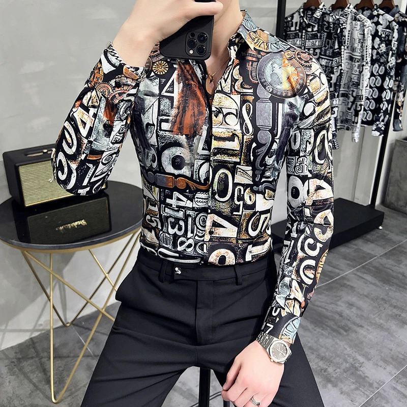 New Fashion Men Long Sleeve Vintage Number Print Shirts For Mens Social Luxury Man Designer Clothes Hawaiian Shirt Chemise Homme