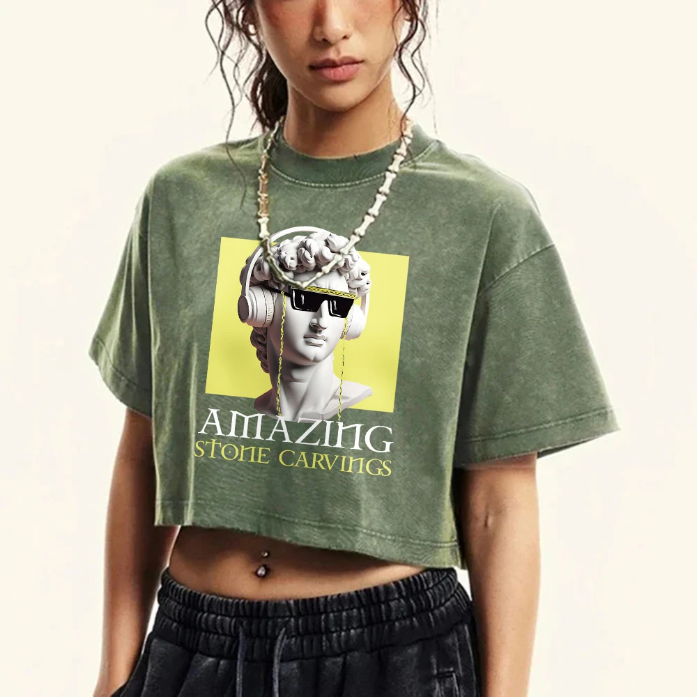 

Amazing Sunglasses Cool Statue Print Women Washed T-Shirt Street Cotton Top Casual All-Match Clothes Summer O-Neck Short Sleeve