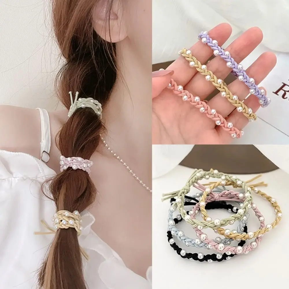 Knit Ponytail Holder Handmade Elastic Korean Style Hair Loop Woven Rubber Band Hair Styling Accessory Women Pearl Hair Rope