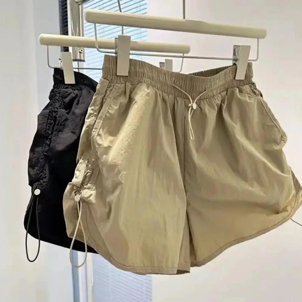 Women Solid Color Shorts Quick Drying Women's Sport Shorts Elastic High Waist Adjustable Drawstring Multi Pockets Wide Leg Cargo