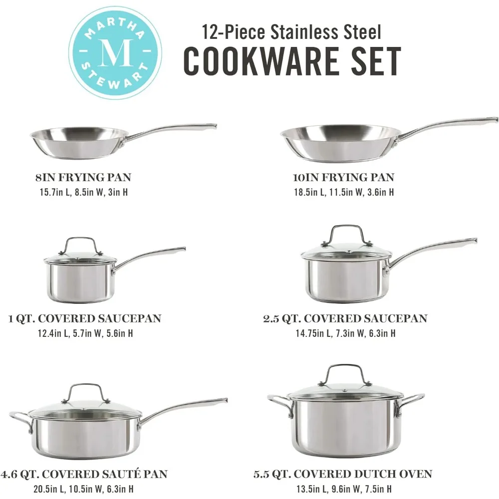 Martha Stewart Castelle 10 Piece 18/8 Stainless Steel Induction Safe Pots and Pans Non-Toxic Kitchen Cookware Set