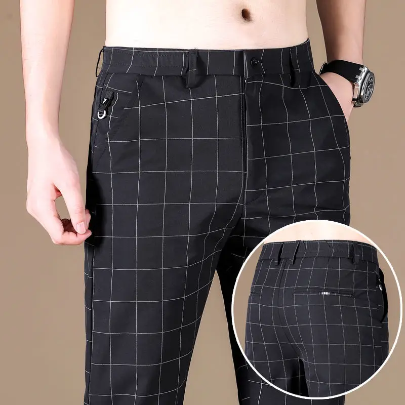 Casual Business Office Elastic Waist Plaid Pants Spring Male Clothes Slim All-match Fashion Pockets Straight Trousers for Men