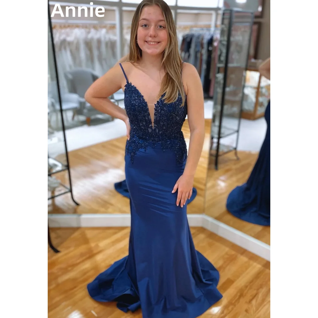 

Annie Dark Blue Prom Dresses Embroidered Beaded Mermaid Wedding Dress Sexy Backless Corset Cocktail Dresses Vestidos De Fiesta