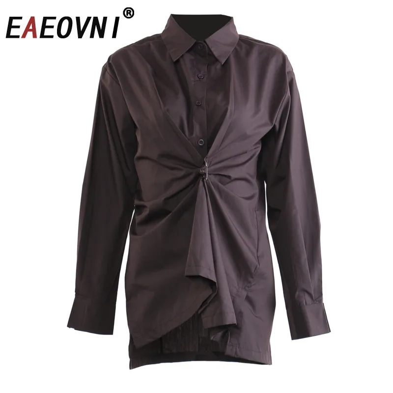 

EAEOVNI Fashion Brown Blouse For Women Folds Gathered Waist Design Slim Solid Color Shirt Streetwear 2025 New Clothing 1A1124