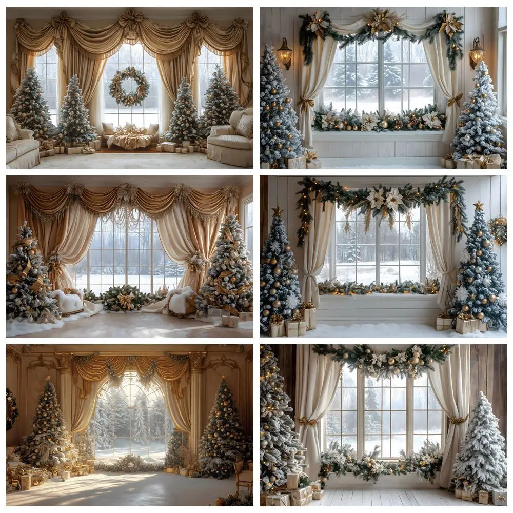 Christmas Room Window Curtain Backdrop Xmas Tree Gifts Interior Family Party Photography Background Wall Decor Photostudio Prop