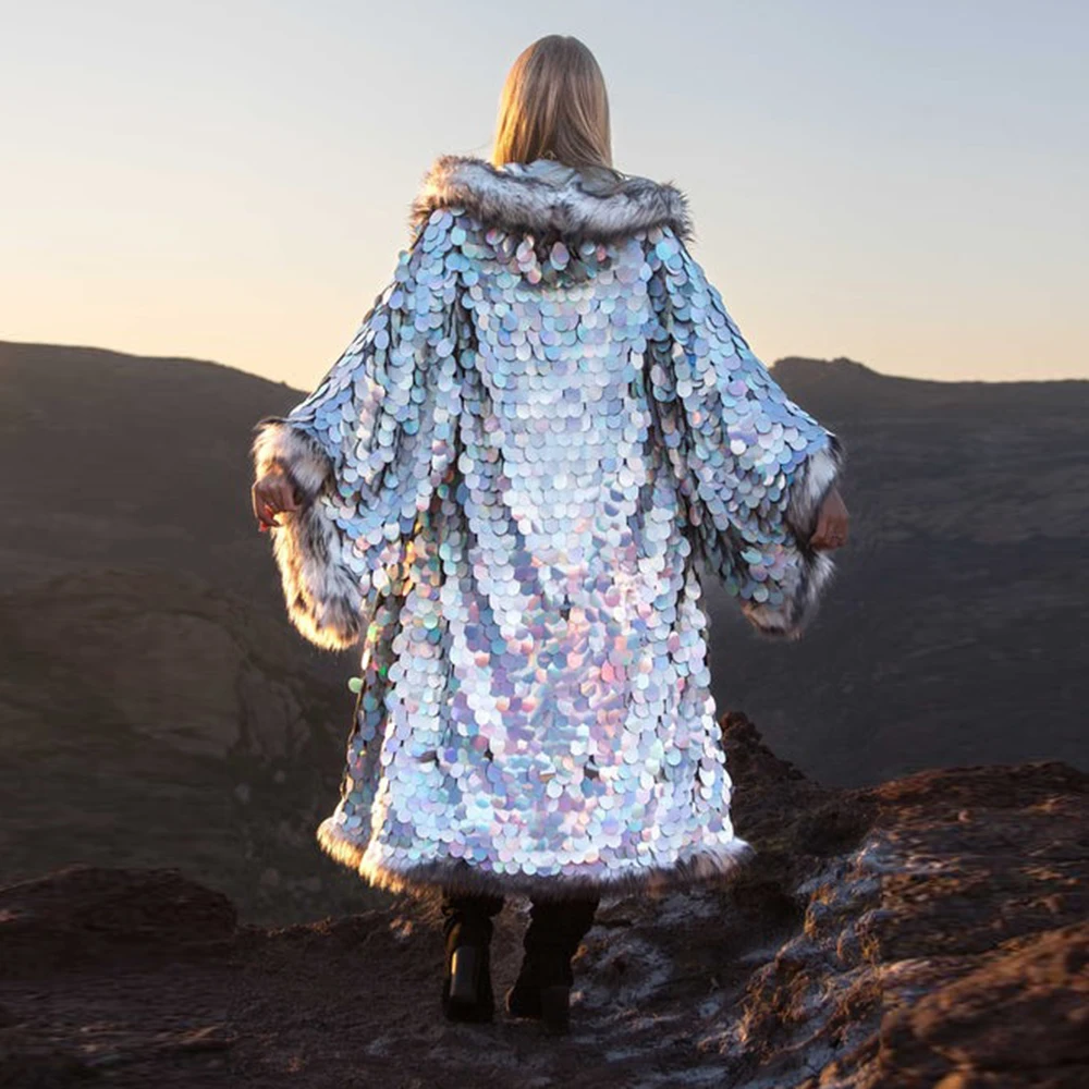 Sequins LED Dazzling Cool Long Faux Fur Coat Stage Performance Street Wear