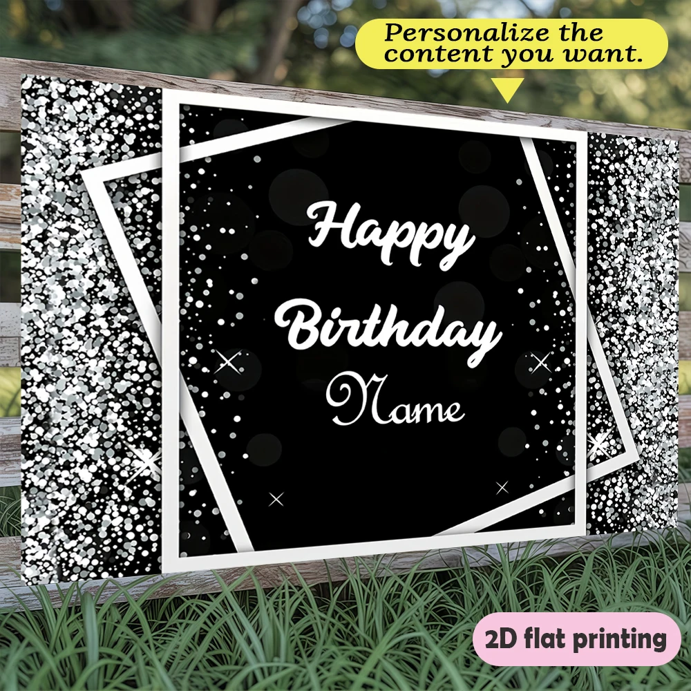 Fondo personalizado 2D plano con nombre, purpurina plateada, marco negro y blanco, minimalista, estilo Instagram, varios tamaños, para cumpleaños