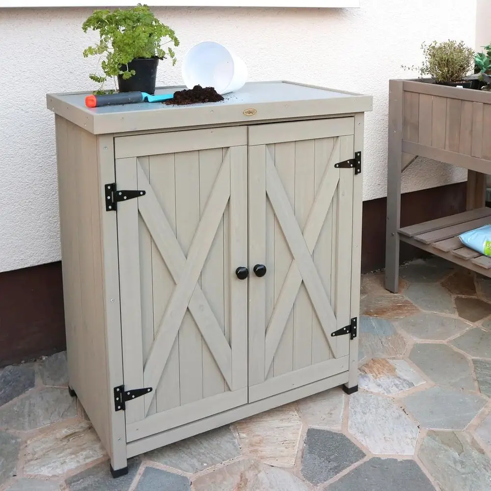 Outdoor Storage Cabinet, Patio Garden Workbench with Shelves & Metal Top, Wooden Potting Table Station