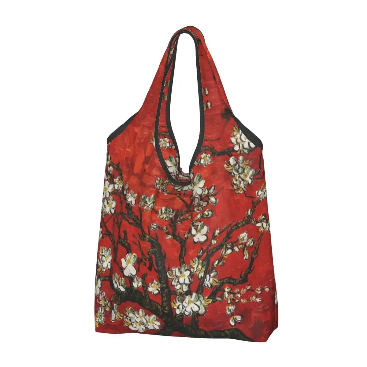 Funny Print Van Gogh Almond Blossoms In Red Tote Shopping Bag Portable Shopper Shoulder Flowers Painting Handbag