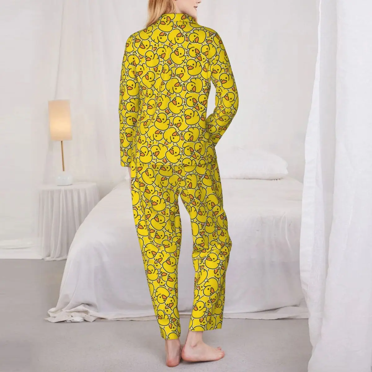 Pajamas Female Yellow Classic Ducks Daily Sleepwear Animal Two Piece Retro Pajama Sets Long Sleeve Elegant Oversize Home Suit