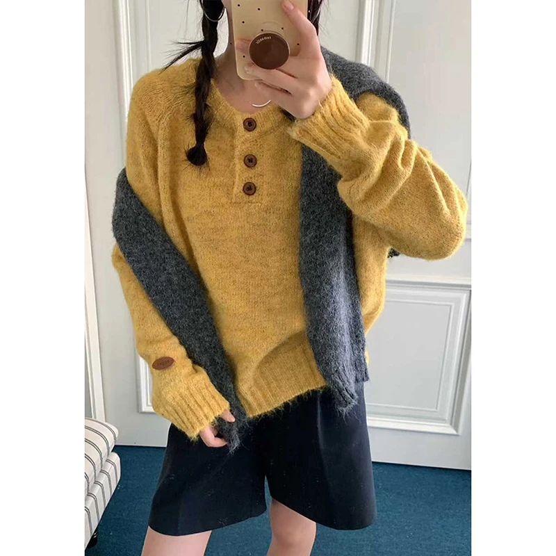 Moda botão guarnição oversized camisola de malha feminina coreano muti-cor macio o-pescoço pullovers solto cor sólida all-match jumpers