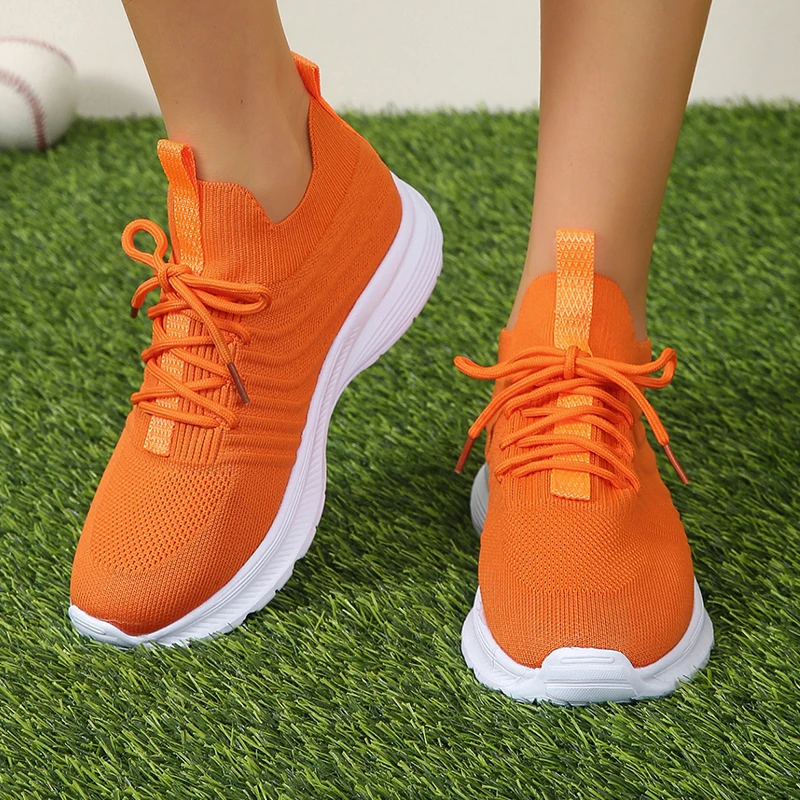 2023 Orange Knitted Breathable Sneakers for Women Plus Size 43 Non Slip Mesh Flats Woman Comfortable Soft Platform Loafers Shoes