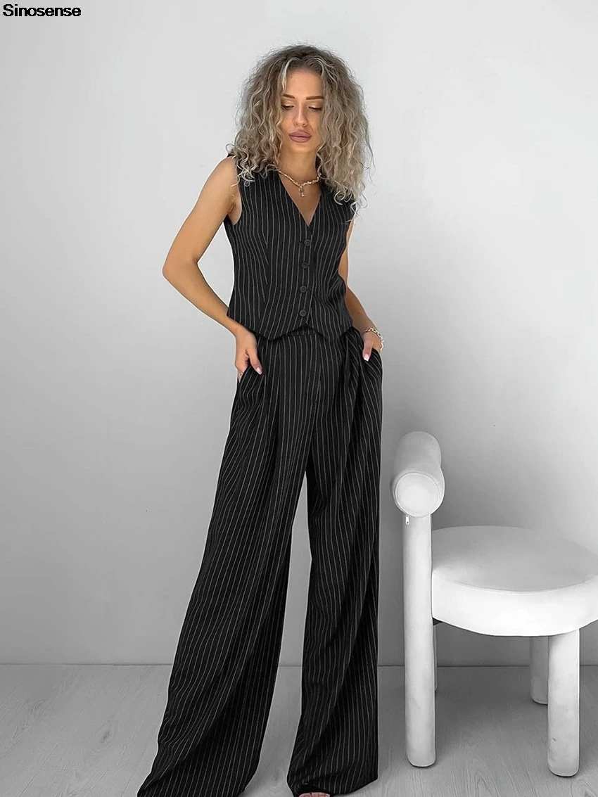 Women Striped 2 Piece Outfits V Neck Sleeveless Button Front Vest Wide Leg Pants Suit Casual OL Business Work Office Blazer Sets