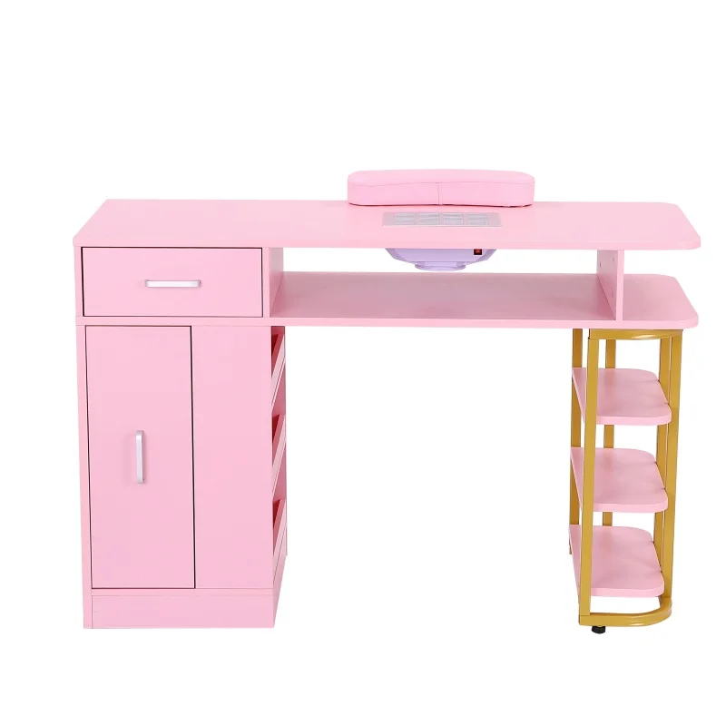 Modern Pink Wooden Nail Table With Dust Collector Gold-Plated Bracket Salon Furniture For Beauty Shop Nail Shop