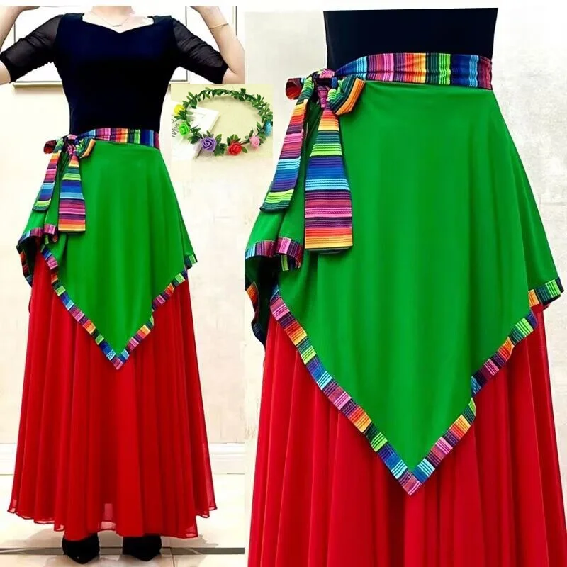 

Tibetan Dance Performance Costume Milk Silk Apron Waist Belt Women's National Square Dance Ethnic Sle One-Piece Design