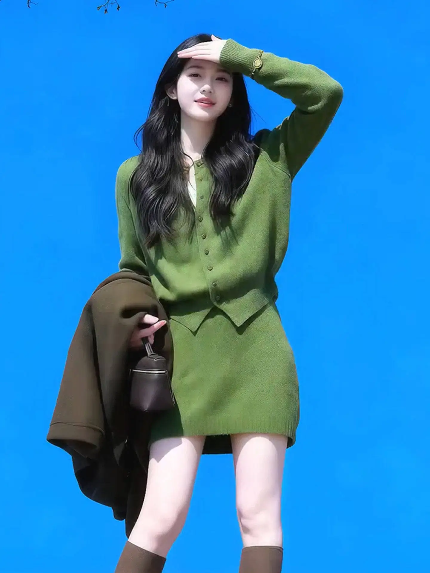 

Korean Style Women's Knitted Cardigan And Short Skirt Set Spring 2026 Fashionable Elegant Design Casual Cotton Blend