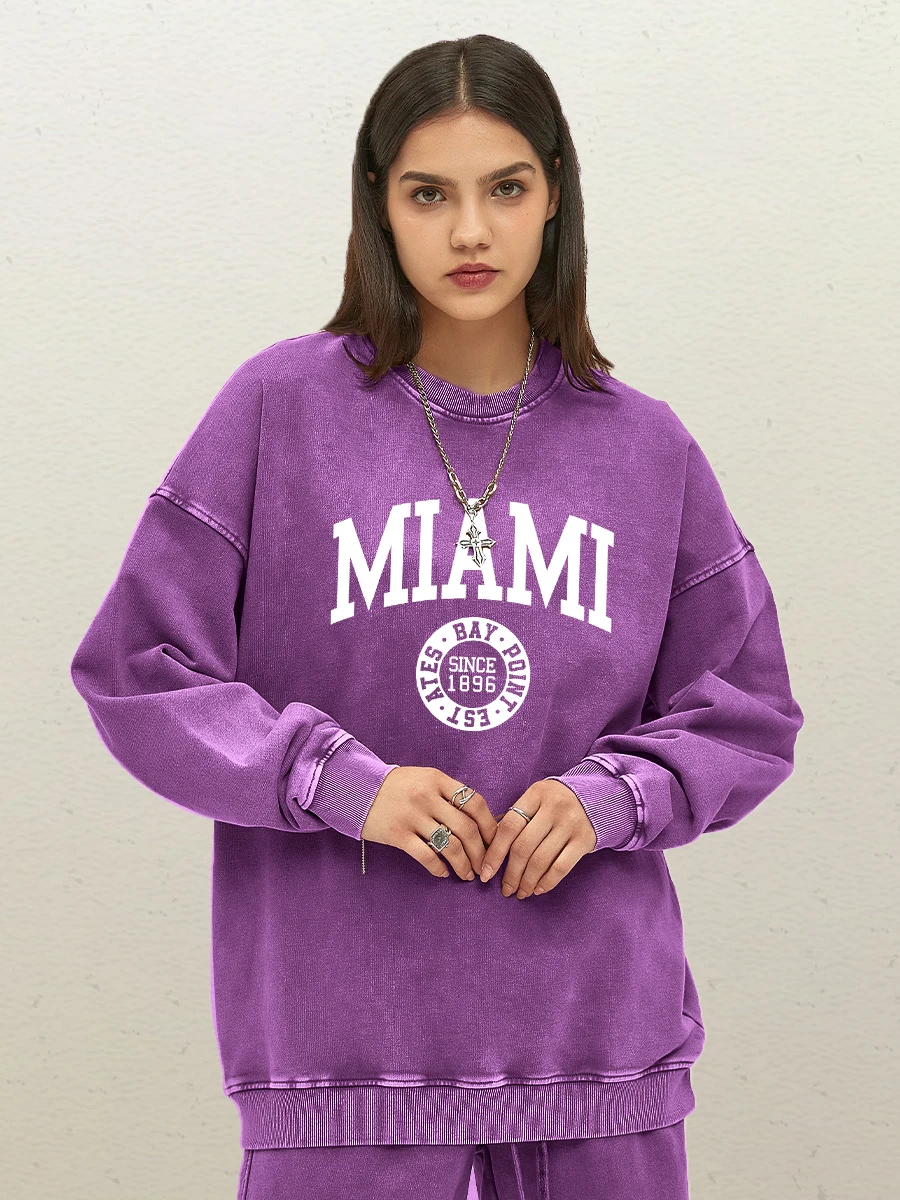 Miami Since 1896 Letter Printed Woman Washed Cotton Sweatshirts Korean Fleece Clothes Crewneck Hoodie Oversize Autumn Streetwer