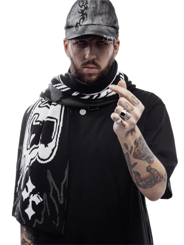 

Punk Hip Hop Gothic Keep Warm Unisex Accessories Harajuku Women Scarf Winter Y2k Casual Streetwear Black Knitted Shawl Scarves