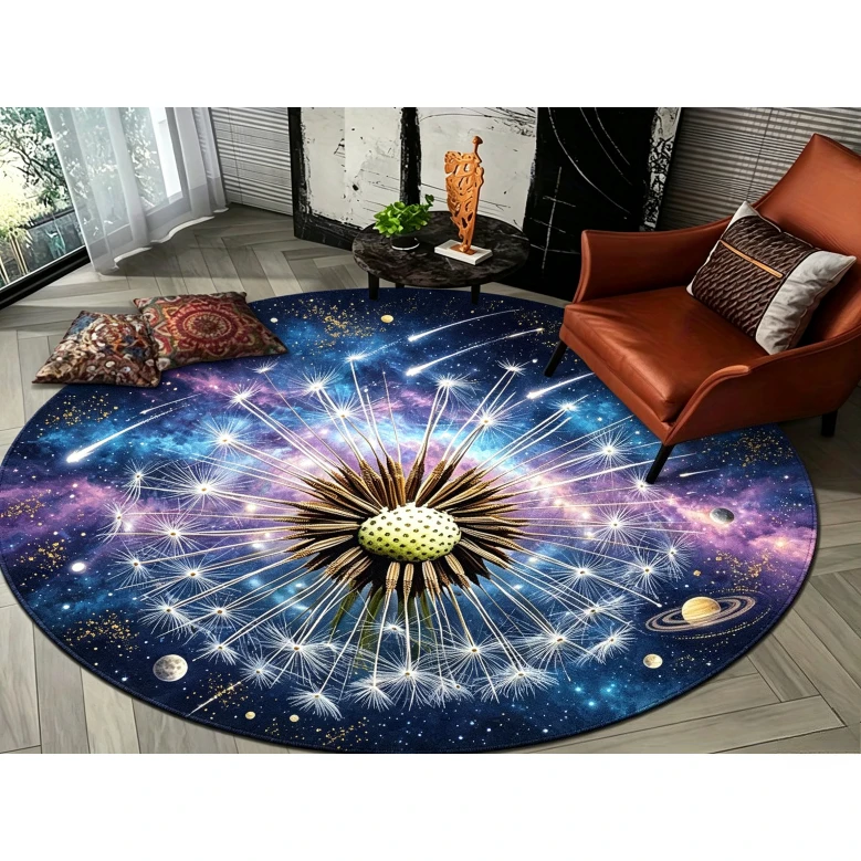 Dreamy Celestial Round Floor Rug Magical Glowing Dandelion Crescent Moon Star Night Sky Pattern Decor Area Rug for Home Ornament
