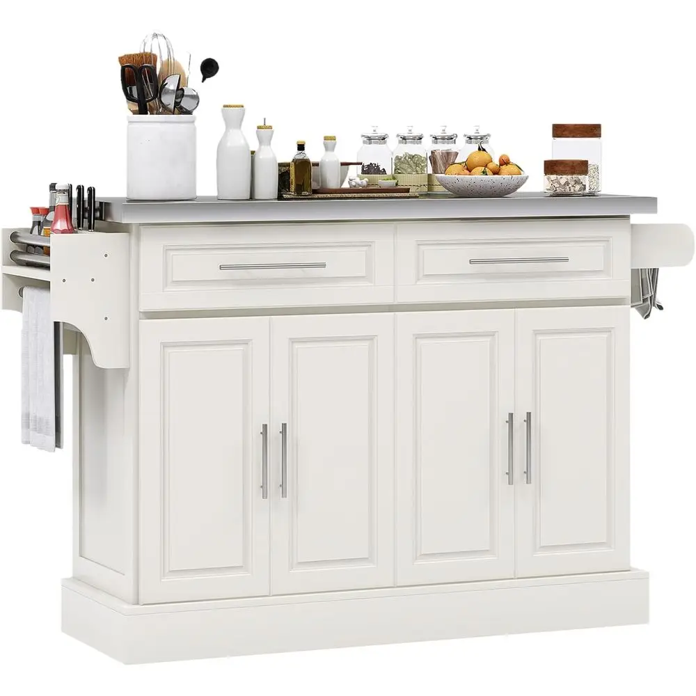 Carrito de Cocina Rodante con Superficie de Acero Inoxidable 47, Mesa Portátil con Ruedas, Estantes Ajustables, 2 Cajones, Especiero y T