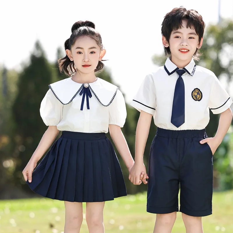 Boys British Shirt Tie Shorts Girls Peter Pan Collar Blouse Skirts Kids Toddler Cute Clothes Sets Children Summer School Uniform