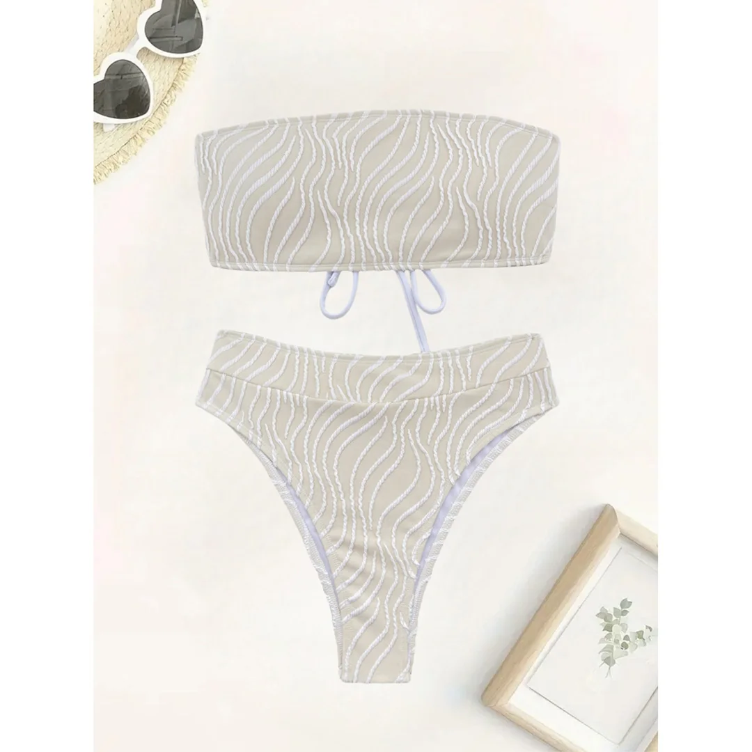 Sexy Bikini mit Wellenmuster, Bandeau-Oberteil und hoher Taille, Damen-Badeanzug, zweiteiliges Bikini-Set, Badebekleidung, Badeanzug, Modell V5445. – Detail 40