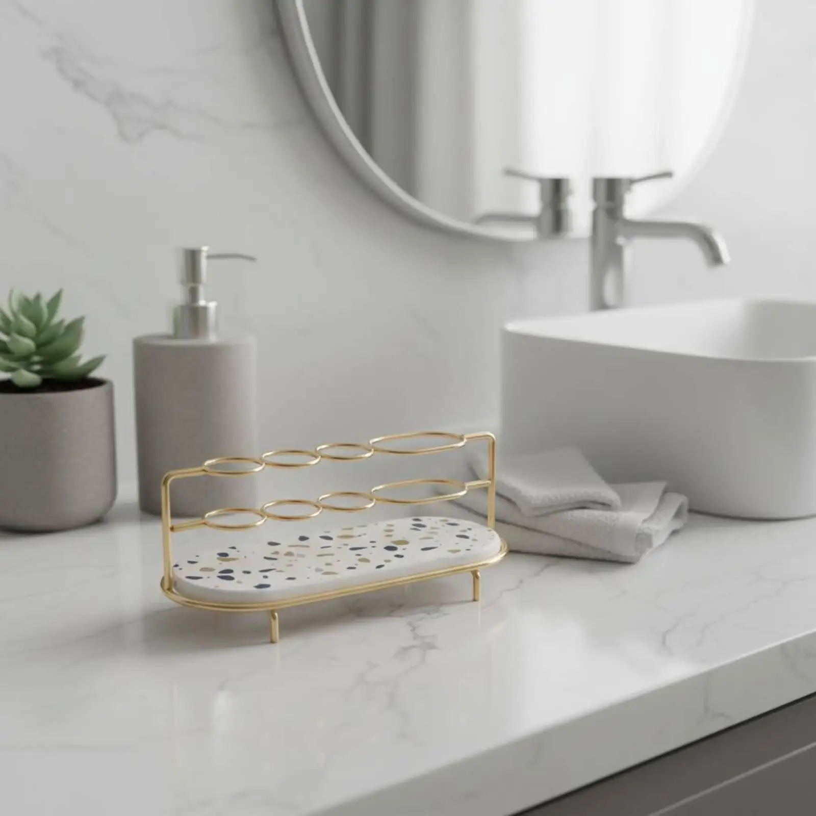 Diatomite Bathroom Shelf with Gold Metal Frame Marble Pattern Electric Toothbrush Holder for Vanity Organizer