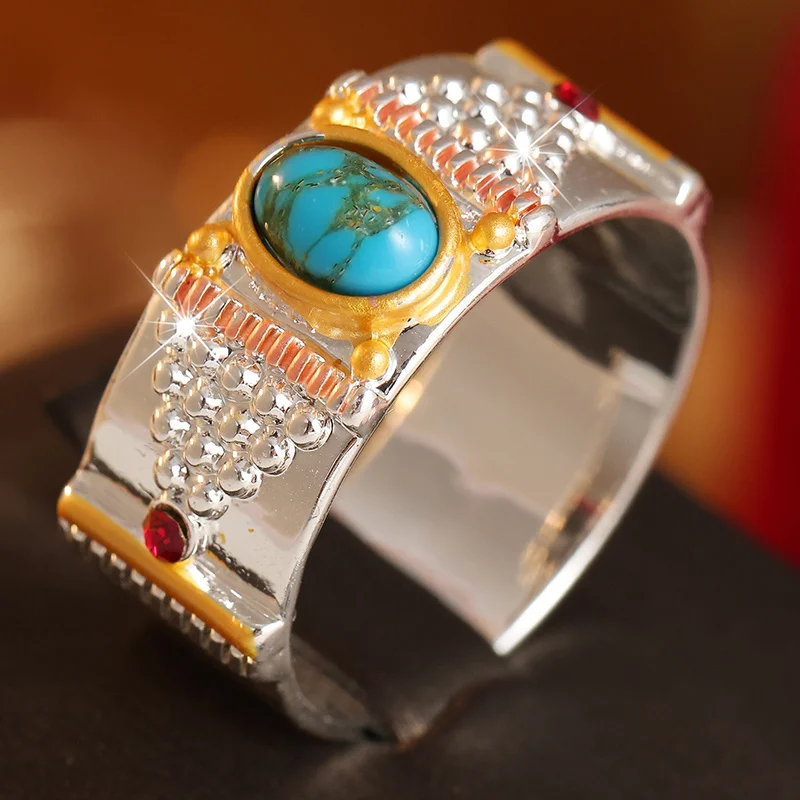 Vintage Bohemian Style Ring For Women Two Tone Splicing Inlay Synthetic Turquoise Ring  Daily Party Vacation Casual Jewelry