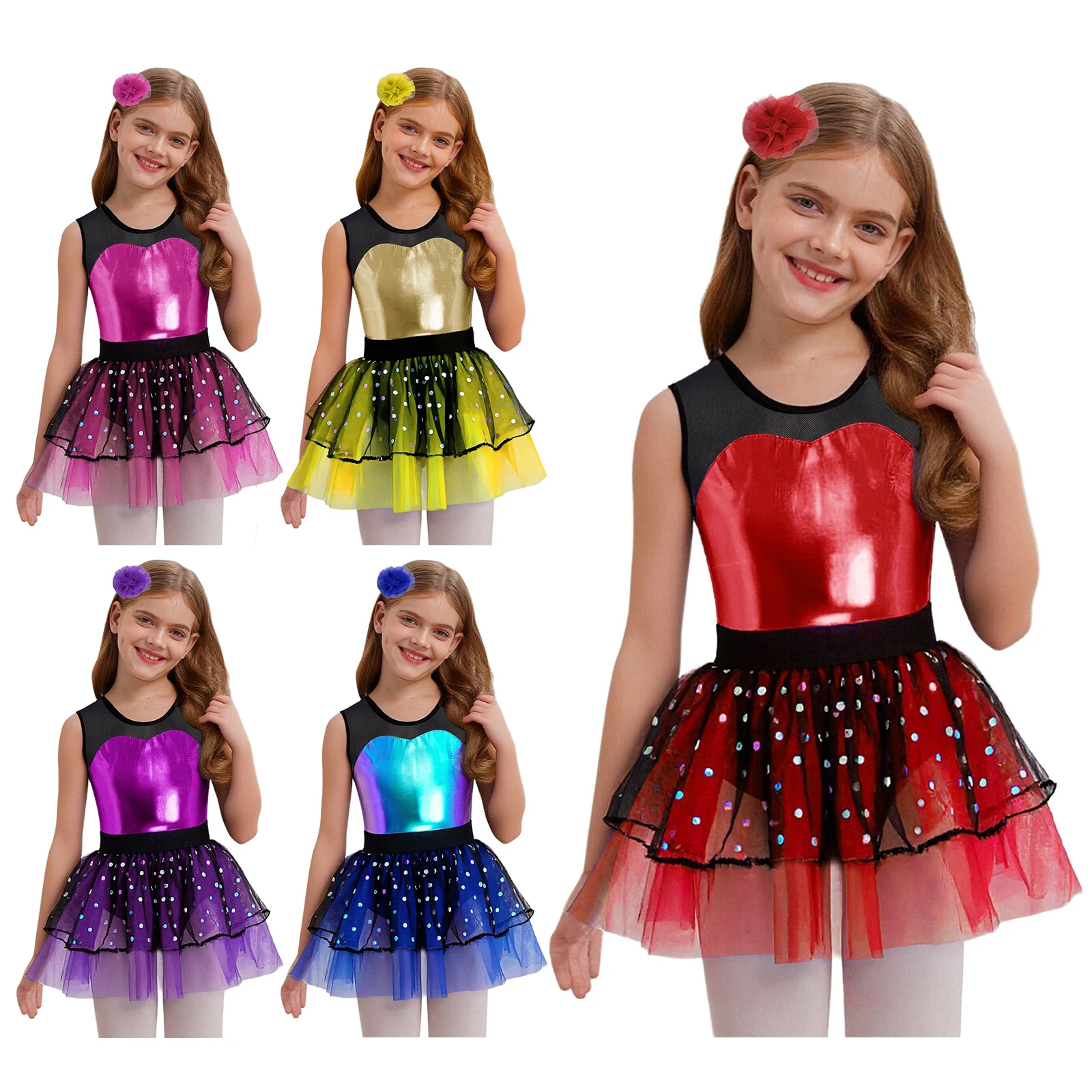 Crianças meninas ballet jazz dança palco desempenho tutu vestidos sem mangas pura malha tule vestido com headwear para festa de aniversário