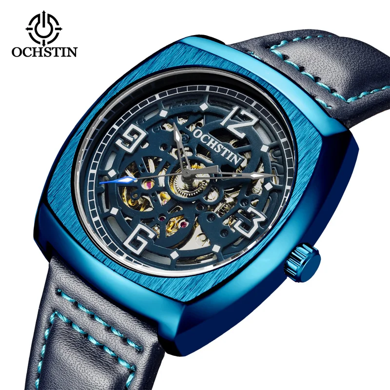 OCHSTIN 2022 Mens Automatic Watches Skeleton Steampunk Mechanical Leather Male Clock Vintage Blue Square Relogio Masculino 44mm