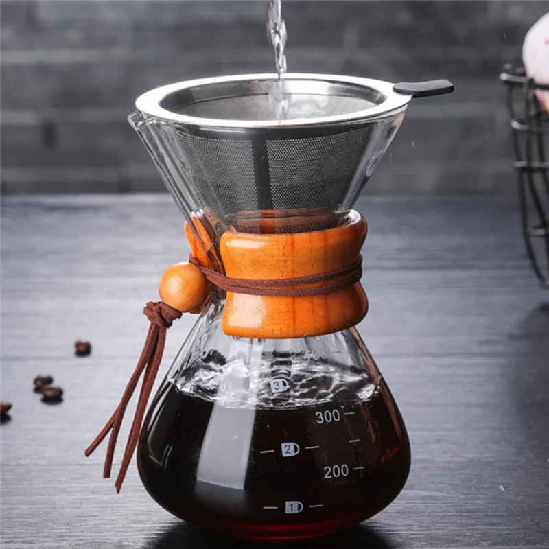 Cafetière classique en verre ABLN-400ML, manche en bois, résistante à la chaleur, cafetière manuelle, goutteur à main