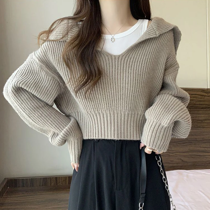 Rimocy Long Sleeve Cropped Sweater Women Autumn Winter Turn Down Collar Knitted Jumper Woman Korean Style Solid Color Jerseys