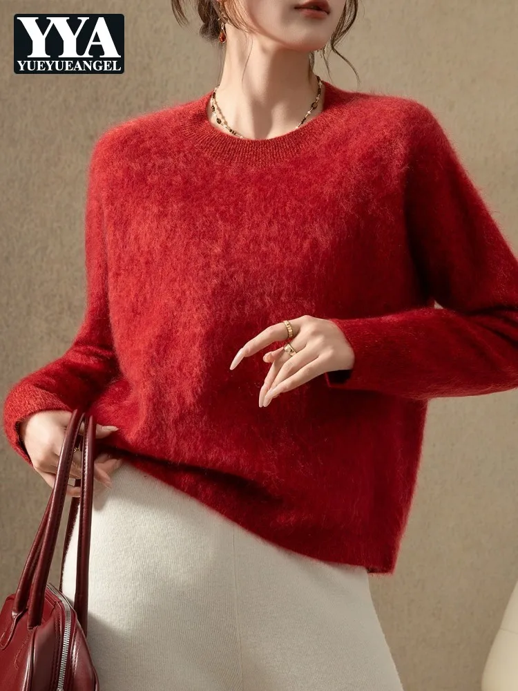 

Women 100% Cashmere Sweater High Quality Solid Color Loose Fit Autumn Winter O Neck Knitted Pullover Tops Office Lady Knitwear