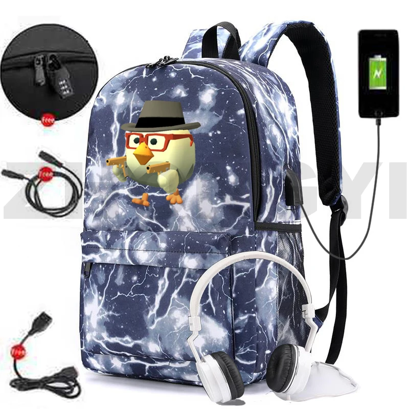 Canvas Chicken Gun Bag Bookbag Anime USB Charging Anti-theft Backpacks Zipper School Back Pack for Boys Rucksack Kindergarten